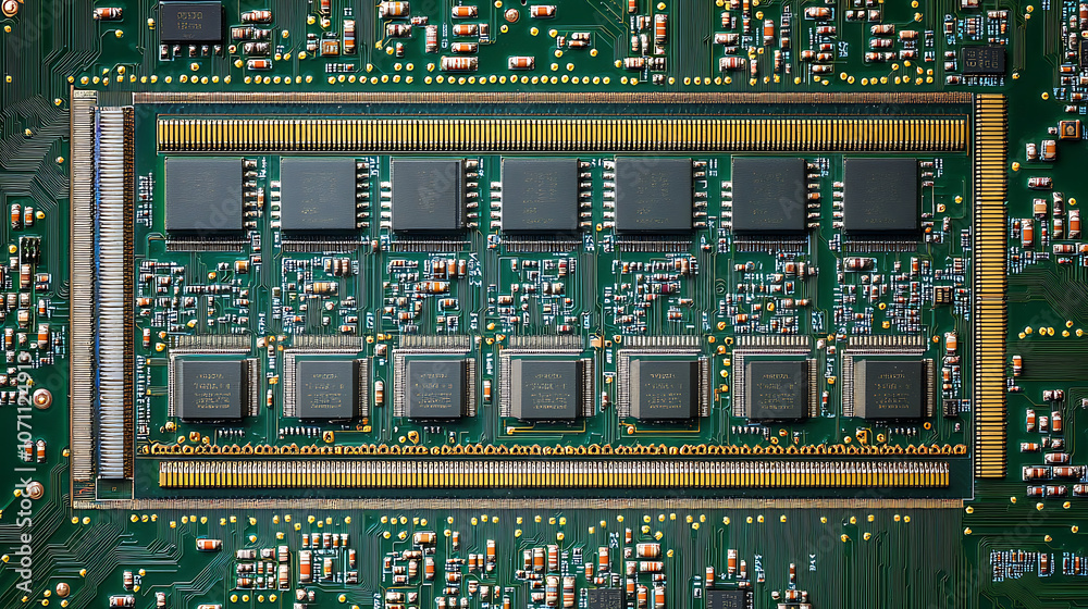 circuit board with computer chips memory modules and processors macro photography circuit board with computer chips memory modules and processors macro photography