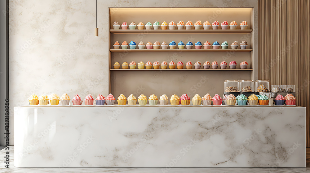 creative cupcake display with colorful frosting on marble counter bakery shop interior creative cupcake display with colorful frosting on marble counter bakery shop interior