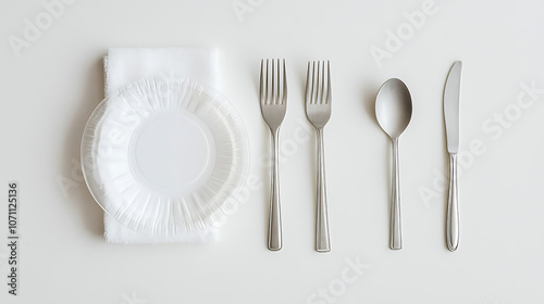 Towel, fork, spoon, and disposable white plastic plate isolated on a white background