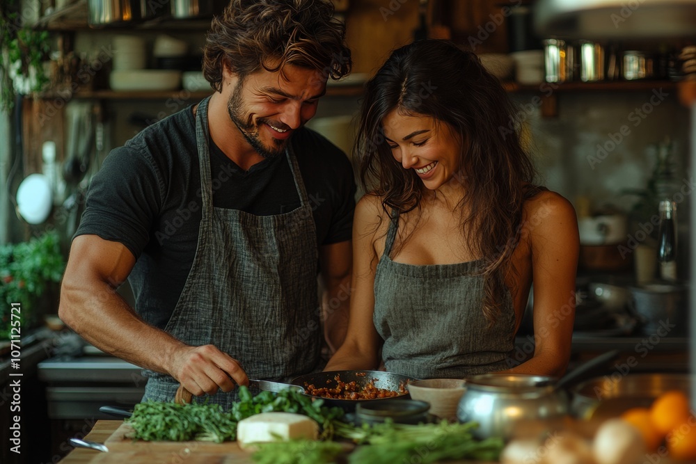Fototapeta premium Smiling couple cooking dinner together. Generative AI