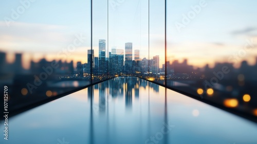 Fototapeta Naklejka Na Ścianę i Meble -  A cityscape reflected in the glass windows of a high rise office building, symbolizing the interconnectedness of business, finance, and the real estate market.