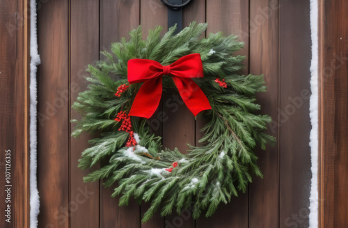 A minimalist Christmas wreath made of fresh evergreen branches, small red berries, and a single red bow. The wreath hangs on a rustic wooden door, surrounded by a light dusting of snow. The natural, s