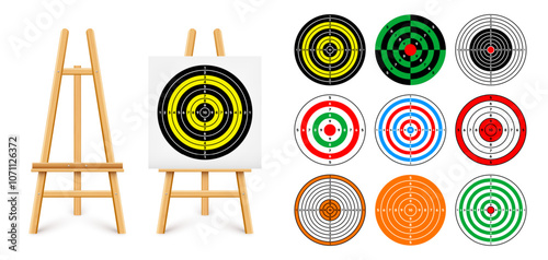 Shooting range target on a wooden easel stand. Paper target with divisions, marks and numbers. Archery, gun shooting and training, sport competition, hunting. Bullseye and aim. Vector illustration