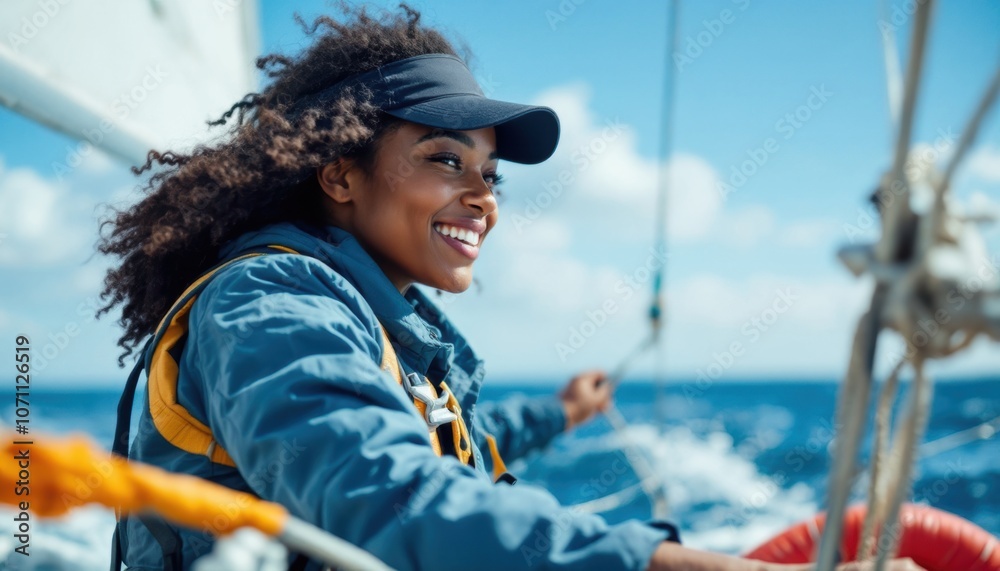 Happy Black Woman Sailing on Yacht - Outdoor Maritime Adventure Happy Black Woman Sailing on Yacht - Outdoor Maritime Adventure