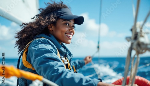Happy Black Woman Sailing on Yacht - Outdoor Maritime Adventure