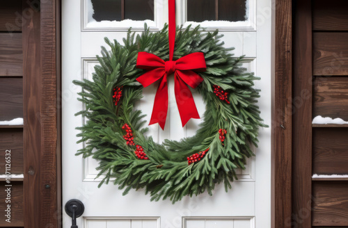 A minimalist Christmas wreath made of fresh evergreen branches, small red berries, and a single red bow. The wreath hangs on a rustic wooden door, surrounded by a light dusting of snow. The natural, s