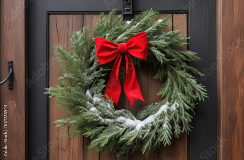 A minimalist Christmas wreath made of fresh evergreen branches, small red berries, and a single red bow. The wreath hangs on a rustic wooden door, surrounded by a light dusting of snow. The natural, s