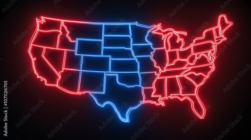 Political Divide: A neon map of the United States illustrating bipartisanship, The contrasting red and blue neon outlines of the United States map symbolize the political Political Divide: A neon map of the United States illustrating bipartisanship, The contrasting red and blue neon outlines of the United States map symbolize the political