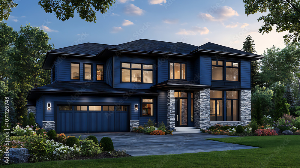 luxurious modern new construction home with blue siding and natural stone two car garage luxurious modern new construction home with blue siding and natural stone two car garage