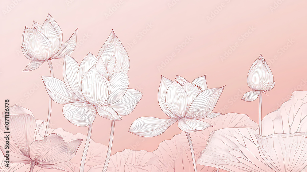 Light pink background, line art of lotus flowers, linear style, delicate lines elegant and soft color tones, gorgeous composition Light pink background, line art of lotus flowers, linear style, delicate lines elegant and soft color tones, gorgeous composition