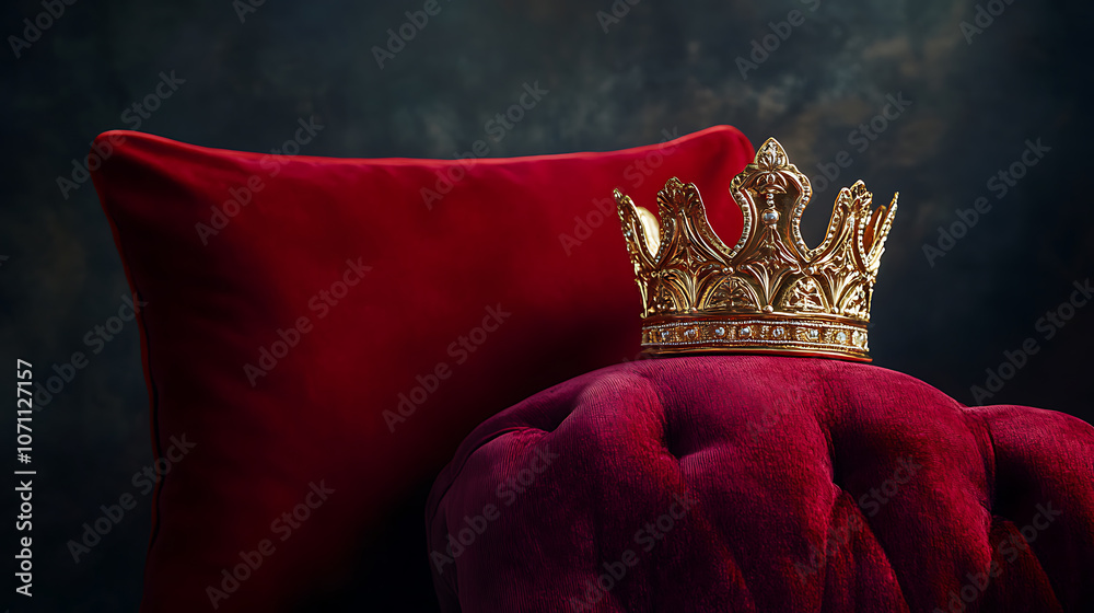 Red velvet pillow with a golden crown on a dark background, a royal ...