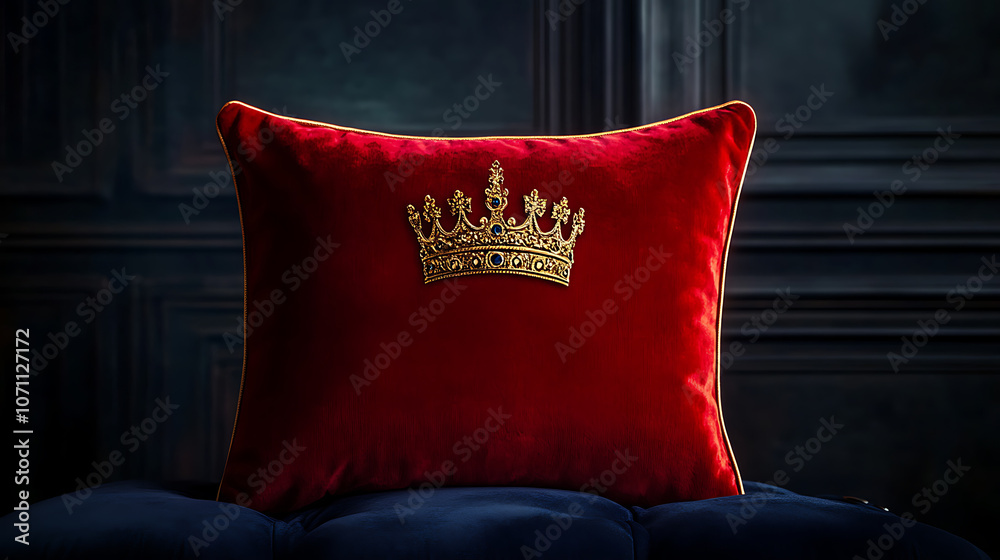 Red velvet pillow with a golden crown on a dark background, a royal ...