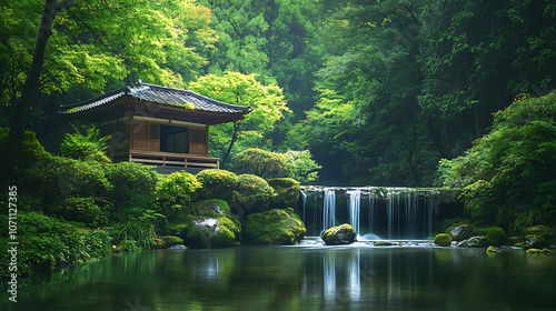 Serene forest scene with a traditional japanese structure, waterfalls, and lush greenery, embodying the essence of shinrin yoku photo