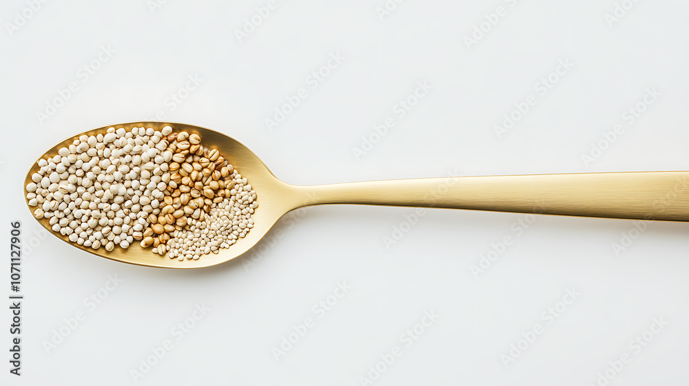 Various grains, such as barley, quinoa, millet, Job's tears, and bulgur wheat, are displayed on a golden brass spoon against a white background Various grains, such as barley, quinoa, millet, Job's tears, and bulgur wheat, are displayed on a golden brass spoon against a white background