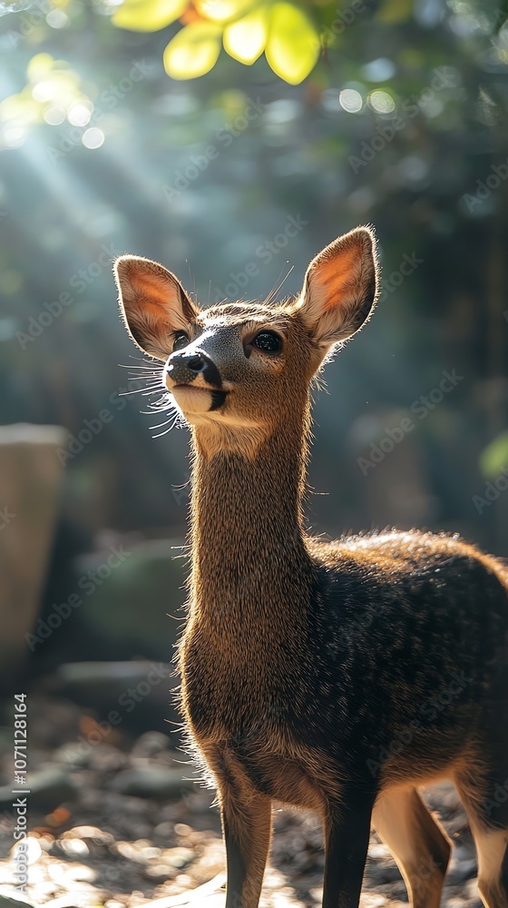 A young deer stands in a sun-dappled forest, looking up with a curious expression. A young deer stands in a sun-dappled forest, looking up with a curious expression.