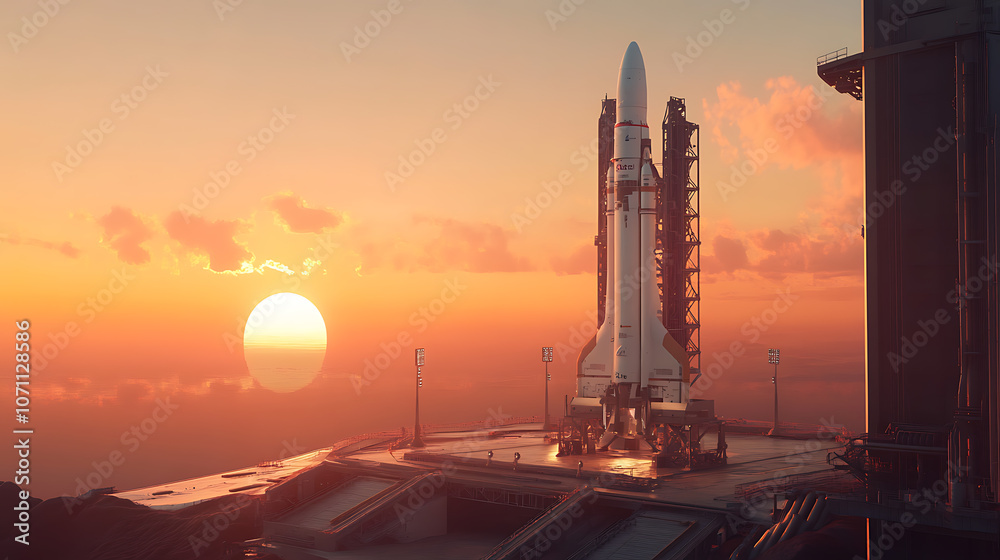 space rocket on the launch pad, panoramic shot of the sky and setting sun in the background space rocket on the launch pad, panoramic shot of the sky and setting sun in the background