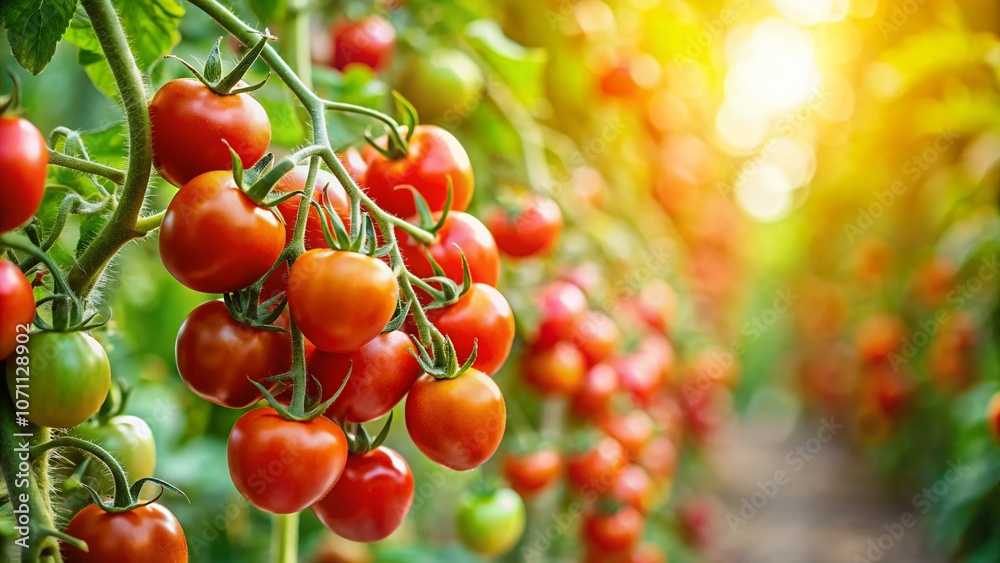 Ripe Cocktail Tomatoes on the Vine: Captivating Strauchtomaten in Full Bloom with Lush Green Leaves and Sunlit Garden Background for Culinary Inspiration Ripe Cocktail Tomatoes on the Vine: Captivating Strauchtomaten in Full Bloom with Lush Green Leaves and Sunlit Garden Background for Culinary Inspiration