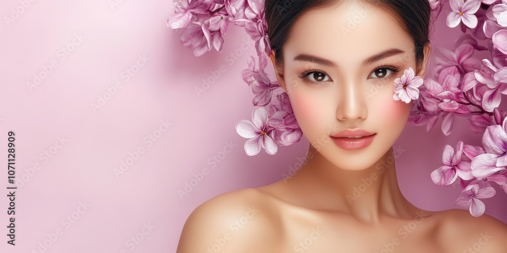 Fototapeta premium Beautiful Asian Woman with Flowers.