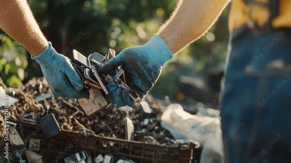 Obraz premium Recycling Old Phones with Careful Handling Techniques