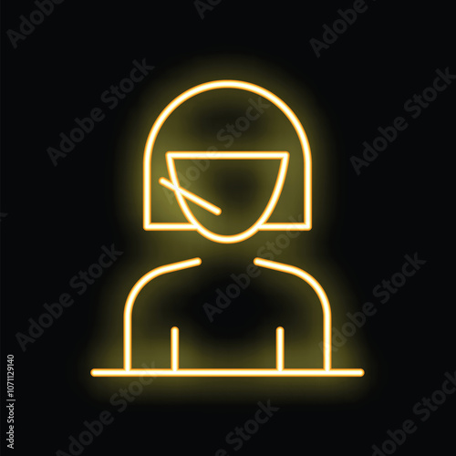 Glowing yellow neon icon of a woman talking on a headset microphone, isolated on a black background