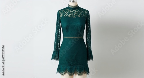 Dark green lace bodycon dress with high neckline and scalloped hem display on plain white background