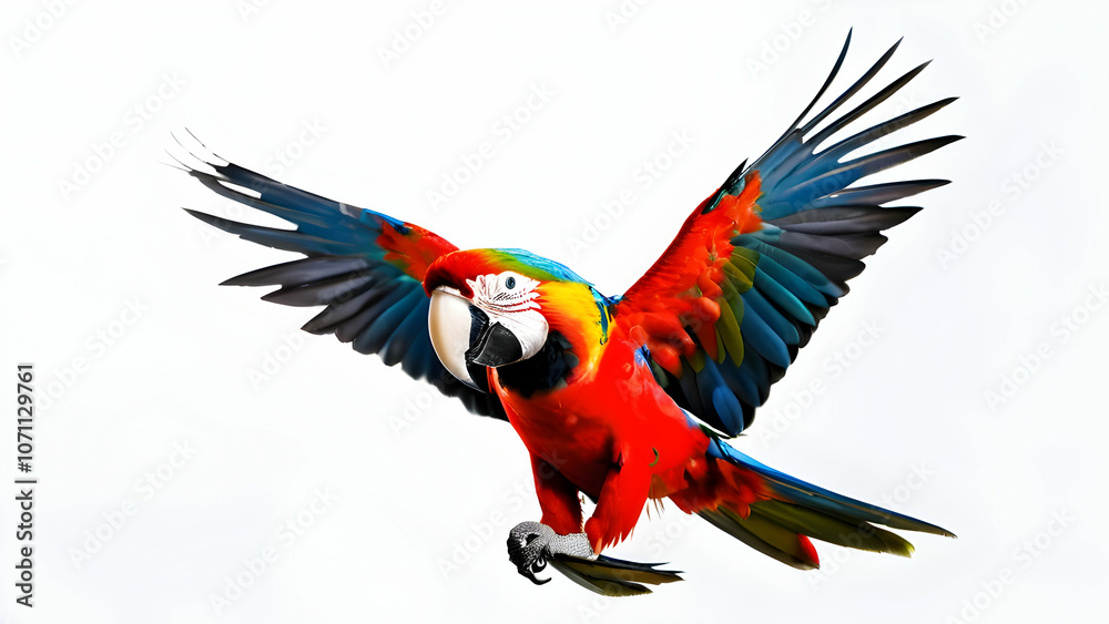 Fototapeta premium Scarlet macaw parrot flying isolated white background isolated