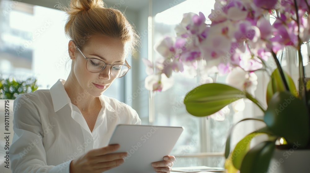 Modern Workspace Review with Flowers and Tablet Modern Workspace Review with Flowers and Tablet