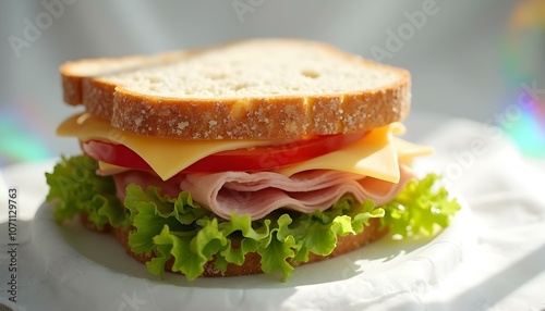 Sandwich with ham, cheese, tomato and lettuce on white background