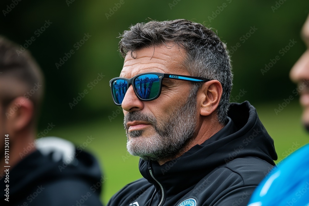A football coach giving tactical instructions to the team from the sidelines, with a focused expression A football coach giving tactical instructions to the team from the sidelines, with a focused expression