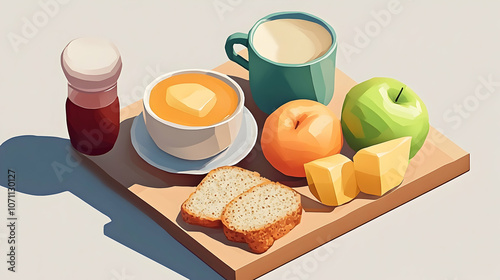 Healthy Breakfast Isometric Again: Another isometric view of a balanced breakfast.Generated by AI 