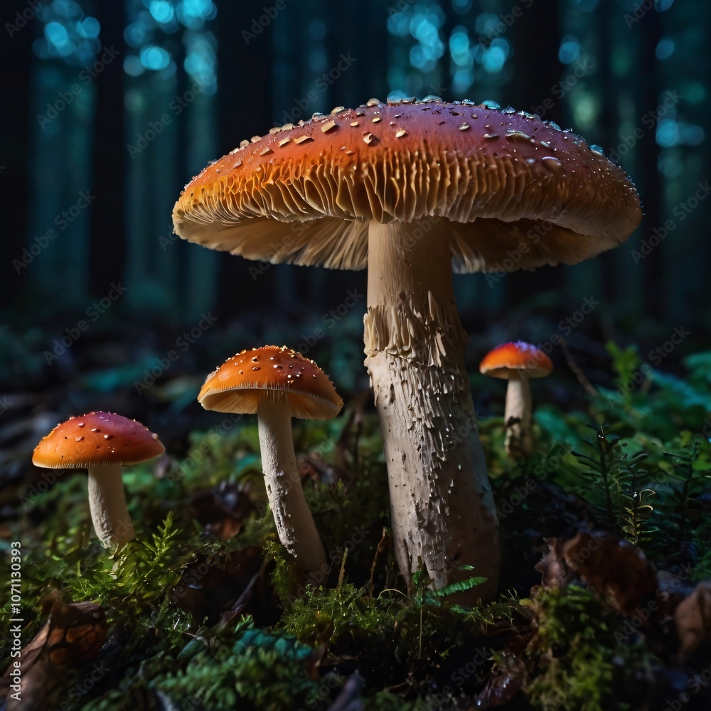 Fototapeta premium fairy forest in the middle of the night, there are very beautiful mushrooms, macro shot, colorful details, natural light, amazing composition.