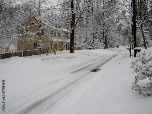 county road covered with snow during the snow storm	
