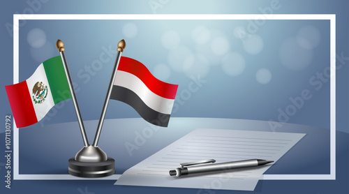 Mexico and Yemen Small national flag on bokeh background, cooperative relationship