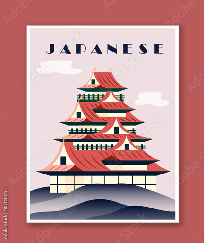 Minimalist japanese poster. Red asian architecture element near mountains. Minimalist creativity and art. Template and layout. Flat vector illustration