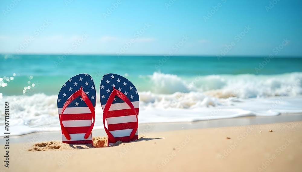 Obraz premium American flag flip flops on the sandy beach with sea background.