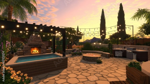 Cozy Outdoor Patio at Sunset with Fire Pit and Pool