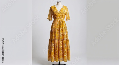 Yellow floral chiffon dress with V neckline and tiered skirt display on plain white background