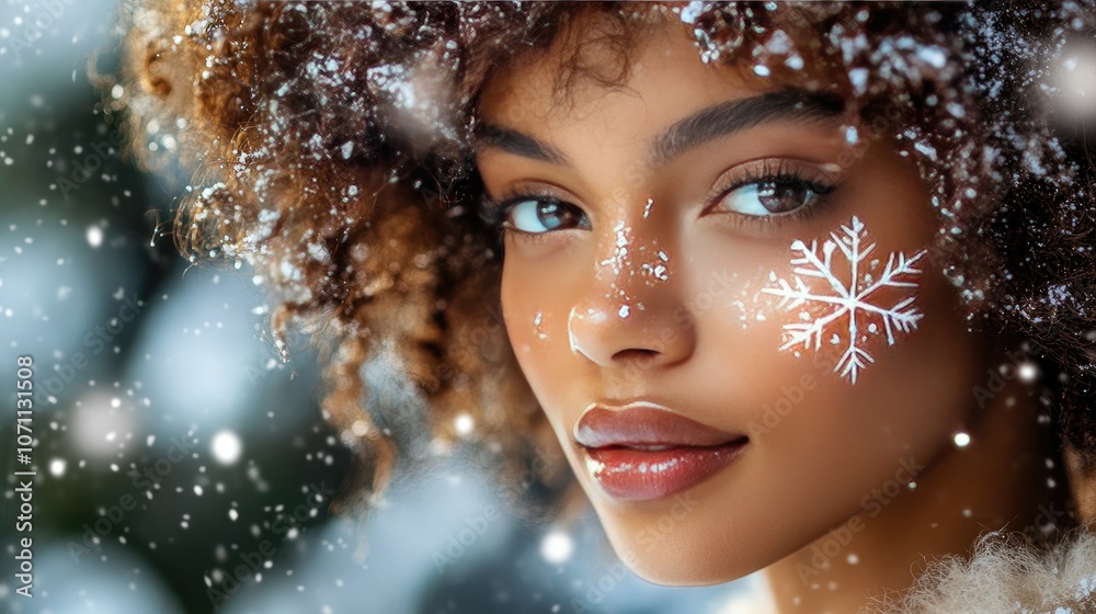 Winter Portrait with Snowflakes on Face Winter Portrait with Snowflakes on Face