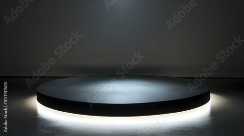 Illuminated Black Platform: a sleek black circular platform, dramatically illuminated by a focused overhead light source, creating an intense atmosphere.Generated with AI 