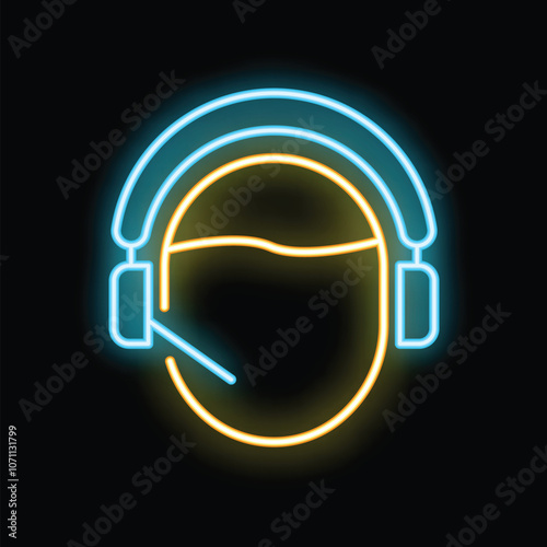 Neon sign illuminating the silhouette of a customer service representative wearing a headset on a black background