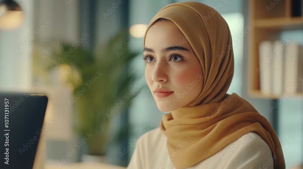 Woman in Hijab Discussing Project in Office Setting Woman in Hijab Discussing Project in Office Setting