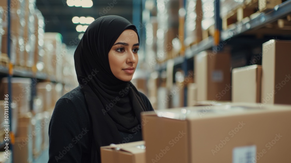Woman in Hijab Organizing Packages in Warehouse Woman in Hijab Organizing Packages in Warehouse
