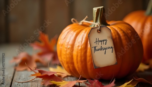 happy thanksgiving card with pumpkins and autumn leaves on wooden background
