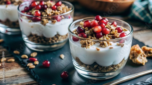 A colorful and healthy dessert featuring yogurt, granola, and pomegranate