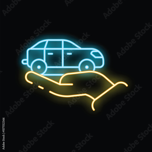 Neon sign illustrating the concept of car insurance with a hand holding a car