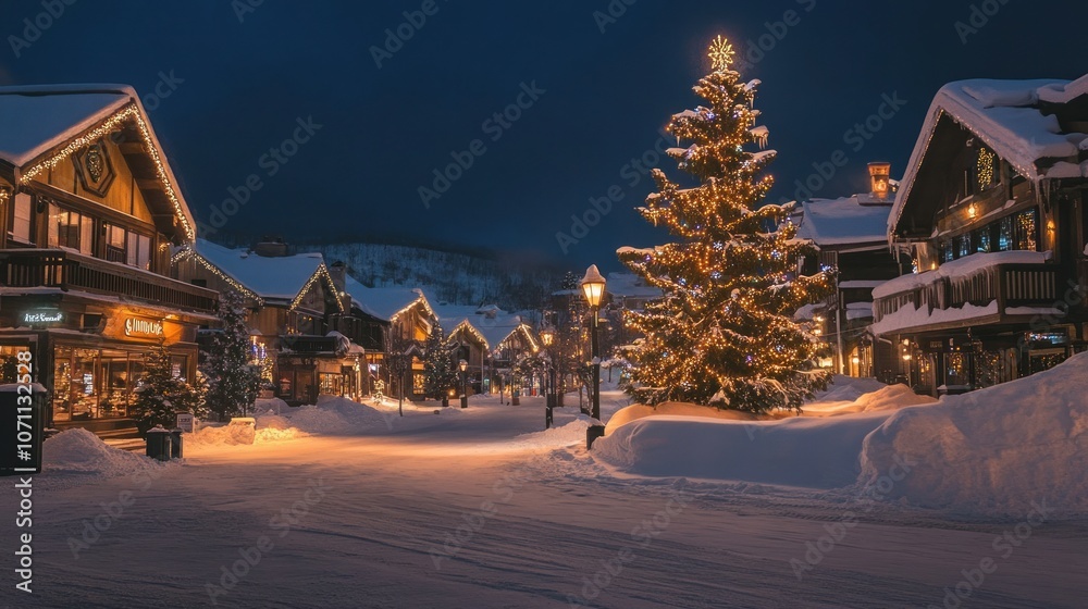 Snow-covered village at night with warm lights in the windows and a decorated Christmas tree in the town square Snow-covered village at night with warm lights in the windows and a decorated Christmas tree in the town square