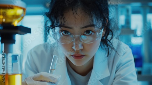 Scientist in Lab Coat Examining Test Tube Close-Up