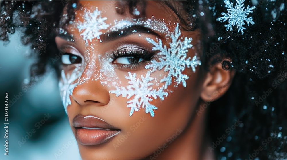 Beauty with Snowflake Face Art in Winter Setting Beauty with Snowflake Face Art in Winter Setting
