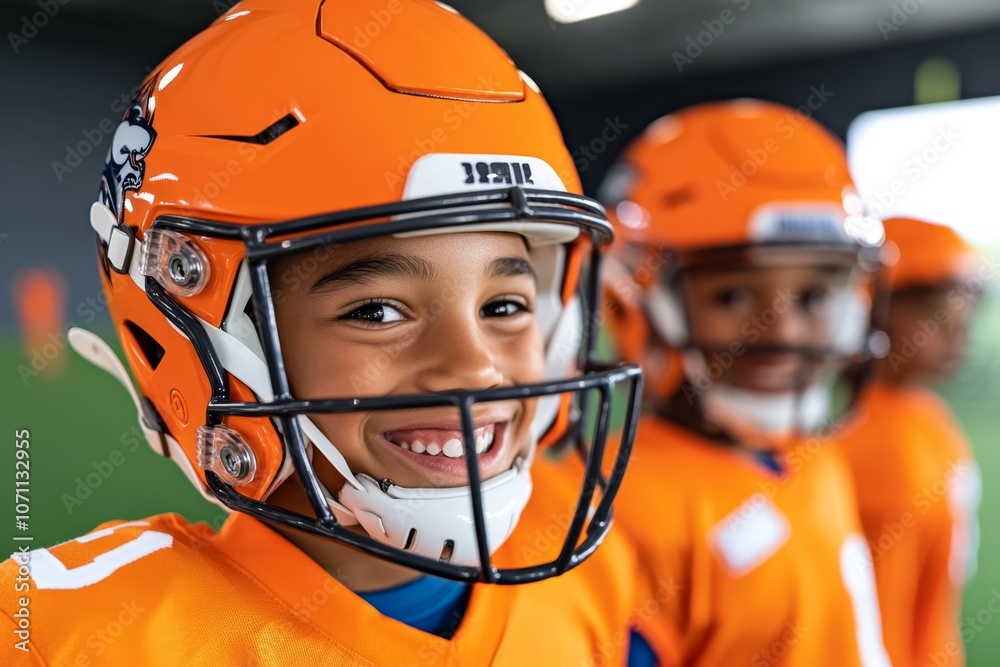 A youth football game with young players in colorful uniforms, focused on having fun on the field A youth football game with young players in colorful uniforms, focused on having fun on the field