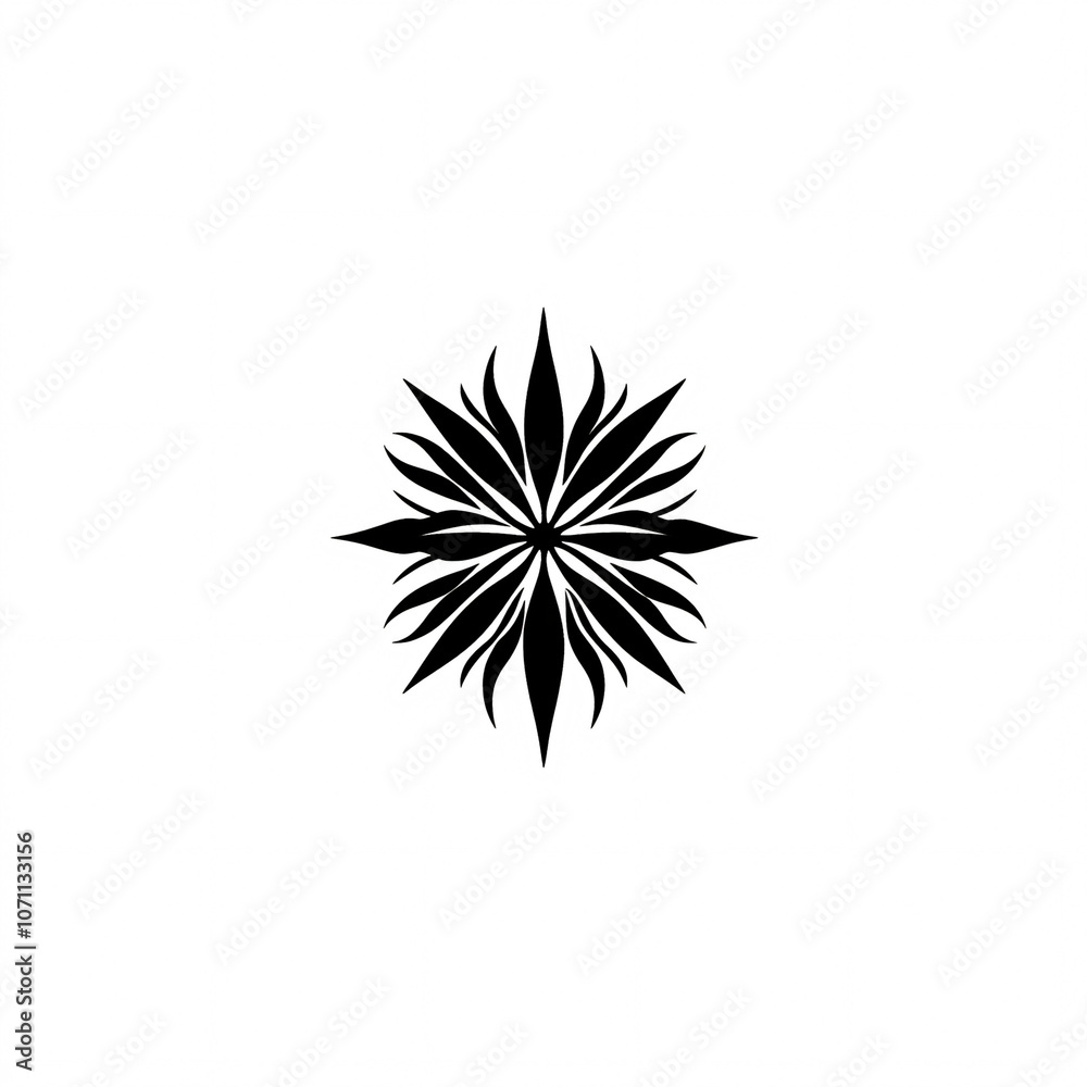 A stylized black star or flower design featuring pointed elements radiating outward, set against a white background. A stylized black star or flower design featuring pointed elements radiating outward, set against a white background.